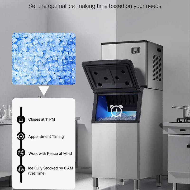 Komerciālā ledus mašīna 249,5 kg/24 h ar 136 kg ietilpīgu tvertni, automātisko pašattīrīšanos un skārienekrānu, piemērota bāriem, kafejnīcām un restorāniem