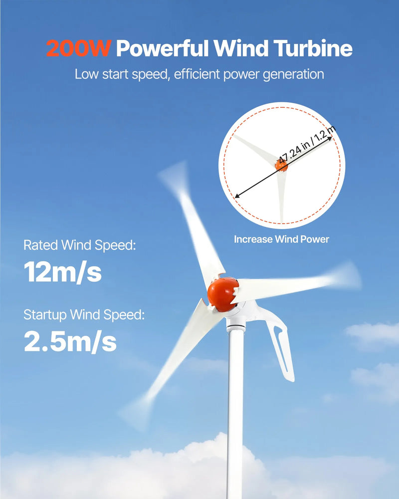 VEVOR 12 V 400 W saules un vēja enerģijas komplekts, 2 × 100 W monokristāliskie saules paneļi, 200 W vēja turbīna un MPPT saules/vēja hibrīdais kontrolieris, piemērots mājām, kemperiem, laivām un bezpiekļuves sistēmām