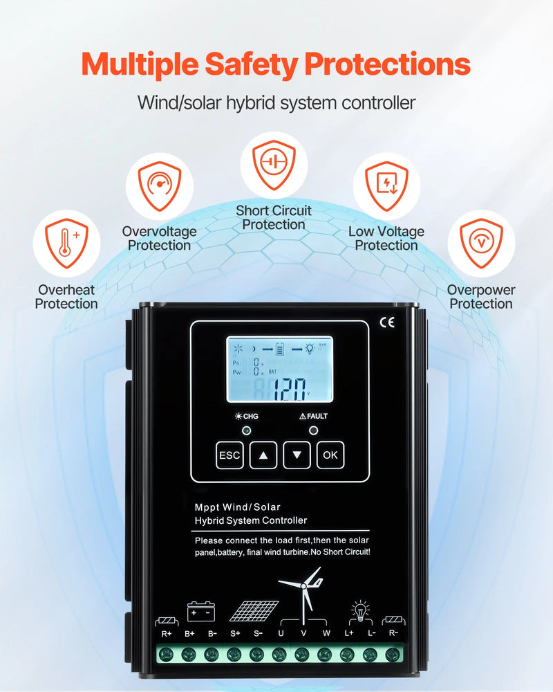 VEVOR 12 V 400 W saules un vēja enerģijas komplekts, 2 × 100 W monokristāliskie saules paneļi, 200 W vēja turbīna un MPPT saules/vēja hibrīdais kontrolieris, piemērots mājām, kemperiem, laivām un bezpiekļuves sistēmām