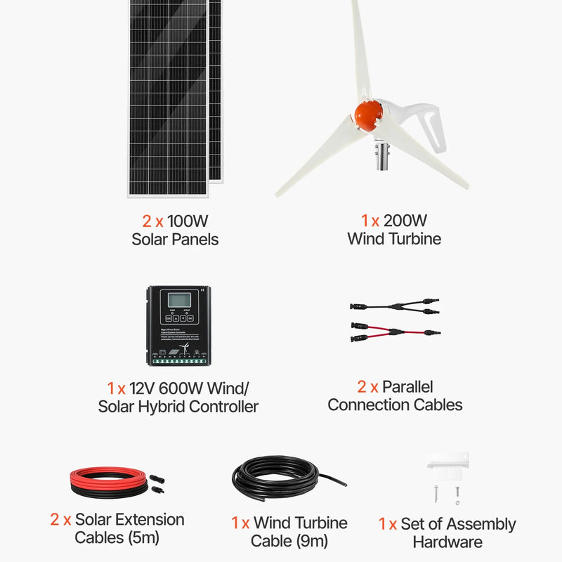 VEVOR 12 V 400 W saules un vēja enerģijas komplekts, 2 × 100 W monokristāliskie saules paneļi, 200 W vēja turbīna un MPPT saules/vēja hibrīdais kontrolieris, piemērots mājām, kemperiem, laivām un bezpiekļuves sistēmām