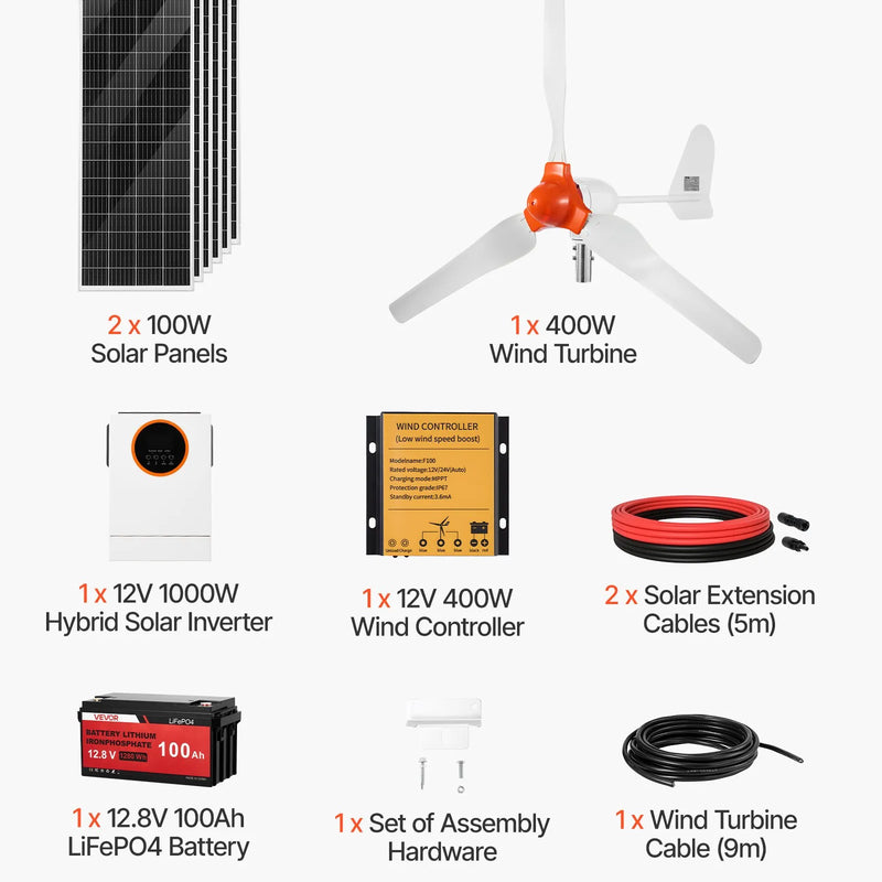 VEVOR 12 V 600 W saules un vēja enerģijas komplekts, 2 × 100 W monokristāliskie paneļi, 400 W vēja turbīna ar kontrolieri, 12,8 V 100 Ah LiFePO₄ akumulators un 1000 W hibrīdais saules invertors mājai, kemperim, laivai un autonomai lietošanai