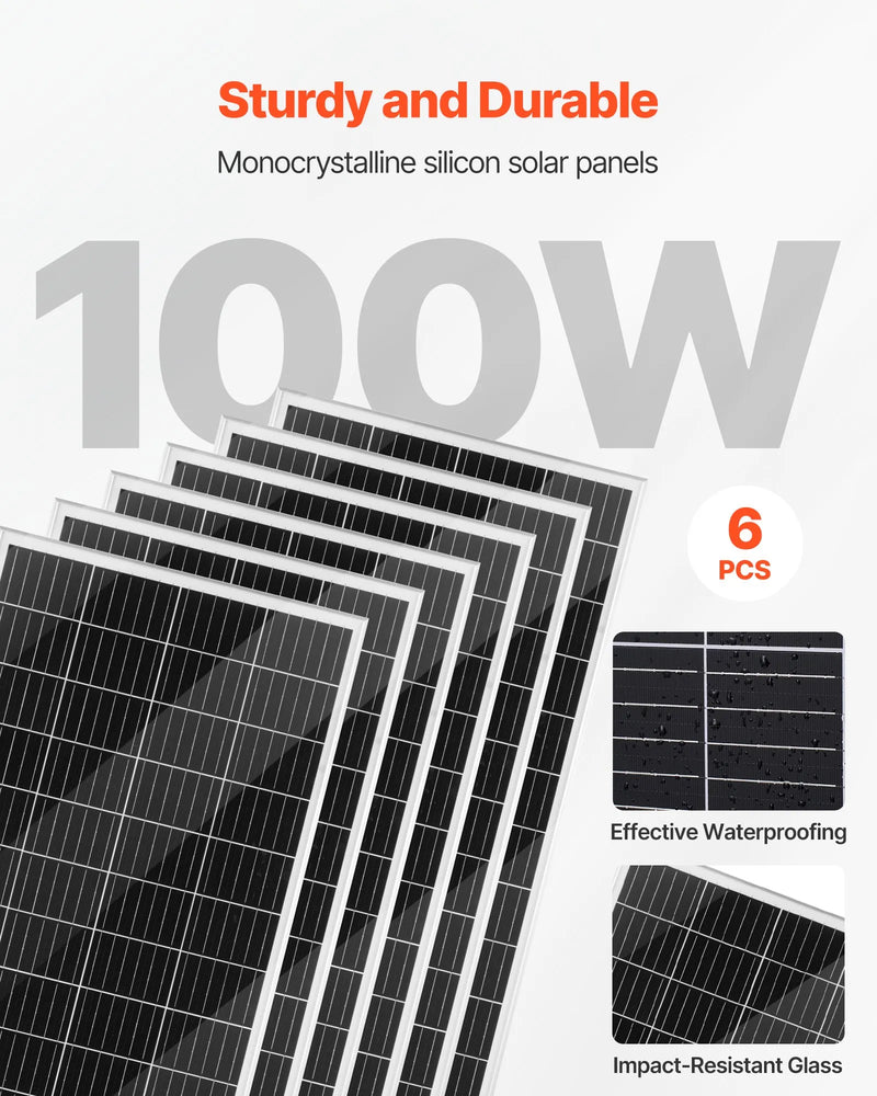 VEVOR 24 V 1000 W saules un vēja enerģijas komplekts ar 6 × 100 W monokristāliskiem paneļiem, 400 W turbīnu ar kontrolieri, 25,6 V 100 Ah LiFePO₄ akumulatoru un 24 V 3000 W hibrīdo invertoru mājām, laivām, namiņiem, saimniecībām