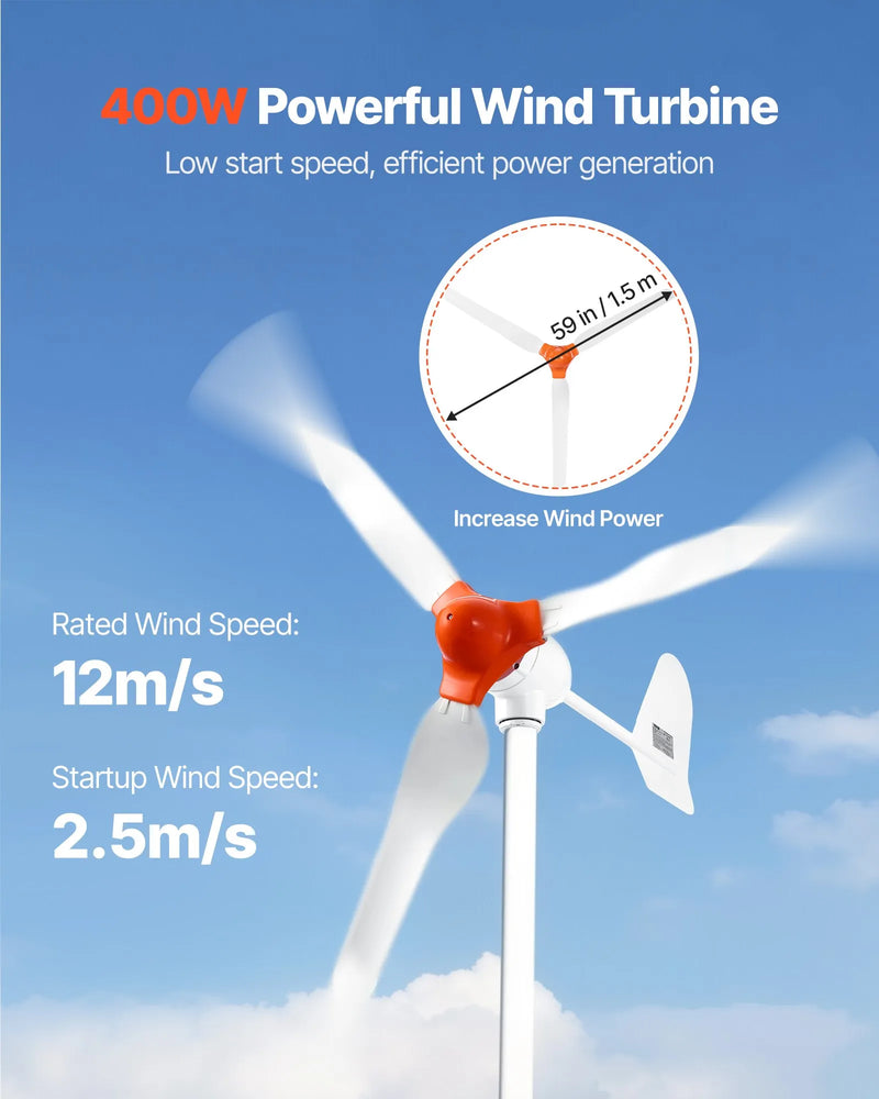VEVOR 24 V 1000 W saules un vēja enerģijas komplekts ar 6 × 100 W monokristāliskiem paneļiem, 400 W turbīnu ar kontrolieri, 25,6 V 100 Ah LiFePO₄ akumulatoru un 24 V 3000 W hibrīdo invertoru mājām, laivām, namiņiem, saimniecībām