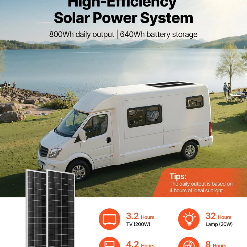 VEVOR 200 W 12 V pilns saules enerģijas komplekts ar 2 × 100 W monokristāliskiem paneļiem, 12,8 V 50 Ah LiFePO₄ akumulatoru, 40 A uzlādes kontrolieri un 800 W strāvas pārveidotāju, paredzēts kemperiem, mājām, kempingam, laivām un autonomām sistēmām