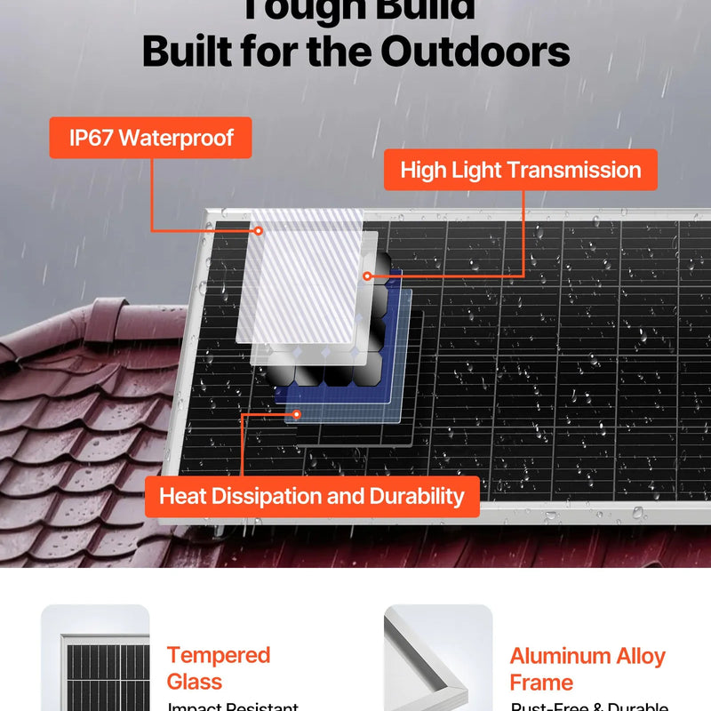 VEVOR 200 W 12 V pilns saules enerģijas komplekts ar 2 × 100 W monokristāliskiem paneļiem, 12,8 V 50 Ah LiFePO₄ akumulatoru, 40 A uzlādes kontrolieri un 800 W strāvas pārveidotāju, paredzēts kemperiem, mājām, kempingam, laivām un autonomām sistēmām