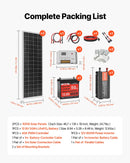 VEVOR 200 W 12 V pilns saules enerģijas komplekts ar 2 × 100 W monokristāliskiem paneļiem, 12,8 V 50 Ah LiFePO₄ akumulatoru, 40 A uzlādes kontrolieri un 800 W strāvas pārveidotāju, paredzēts kemperiem, mājām, kempingam, laivām un autonomām sistēmām