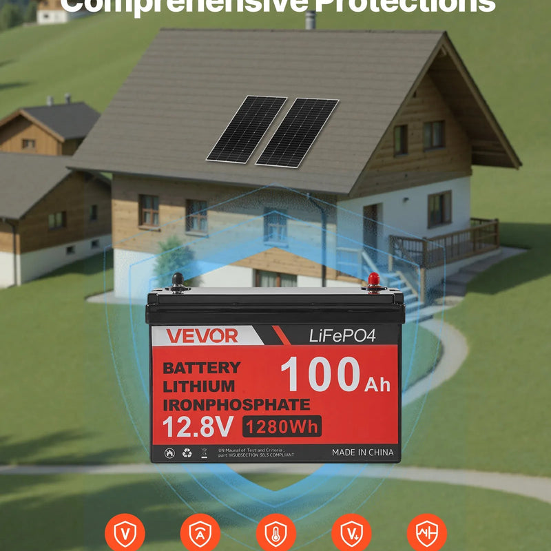 VEVOR 400 W pilns saules enerģijas komplekts ar 2 × 200 W monokristāliskajiem paneļiem, 12,8 V 100 Ah LiFePO₄ akumulatoru, 40 A MPPT uzlādes kontrolieri un 1000 W invertoru mājai, kemperiem, laivām un autonomām sistēmām