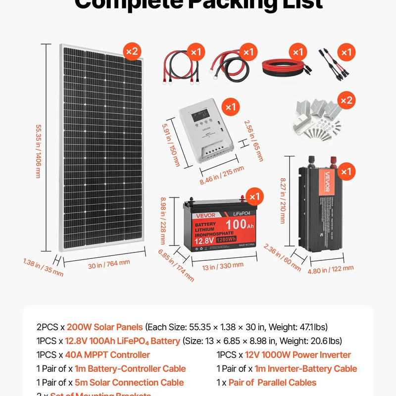 VEVOR 400 W pilns saules enerģijas komplekts ar 2 × 200 W monokristāliskajiem paneļiem, 12,8 V 100 Ah LiFePO₄ akumulatoru, 40 A MPPT uzlādes kontrolieri un 1000 W invertoru mājai, kemperiem, laivām un autonomām sistēmām