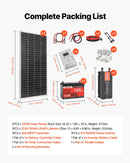 VEVOR 400 W pilns saules enerģijas komplekts ar 2 × 200 W monokristāliskajiem paneļiem, 12,8 V 100 Ah LiFePO₄ akumulatoru, 40 A MPPT uzlādes kontrolieri un 1000 W invertoru mājai, kemperiem, laivām un autonomām sistēmām