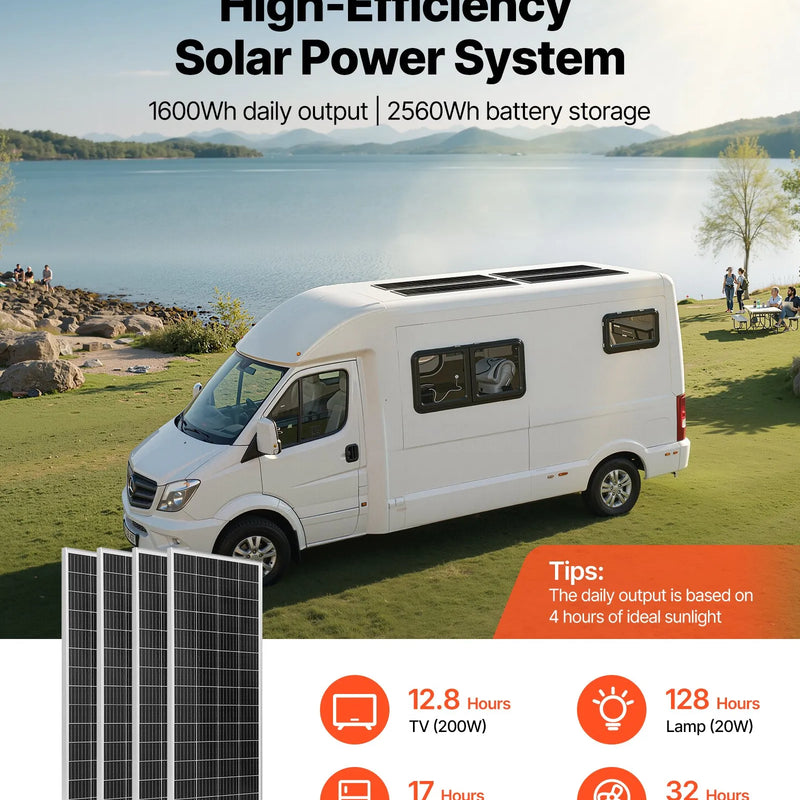 VEVOR 400 W pilns saules enerģijas komplekts ar 4 × 100 W monokristāliskajiem paneļiem, 12,8 V 200 Ah LiFePO₄ akumulatoru, 40 A MPPT uzlādes kontrolieri un 2000 W invertoru mājai, kemperiem, laivām un autonomām sistēmām