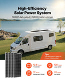 VEVOR 400 W pilns saules enerģijas komplekts ar 4 × 100 W monokristāliskajiem paneļiem, 12,8 V 200 Ah LiFePO₄ akumulatoru, 40 A MPPT uzlādes kontrolieri un 2000 W invertoru mājai, kemperiem, laivām un autonomām sistēmām