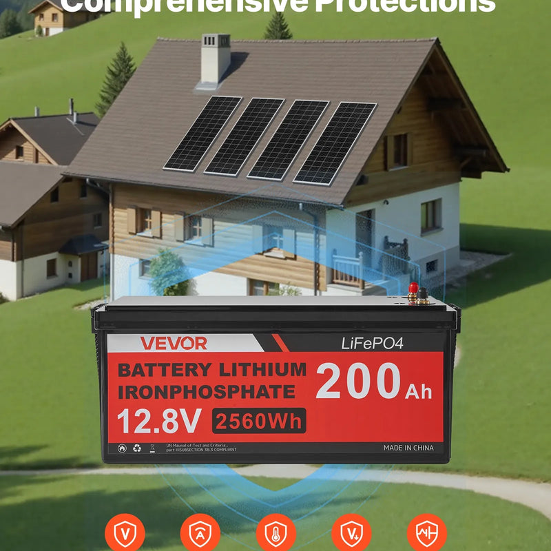 VEVOR 400 W pilns saules enerģijas komplekts ar 4 × 100 W monokristāliskajiem paneļiem, 12,8 V 200 Ah LiFePO₄ akumulatoru, 40 A MPPT uzlādes kontrolieri un 2000 W invertoru mājai, kemperiem, laivām un autonomām sistēmām