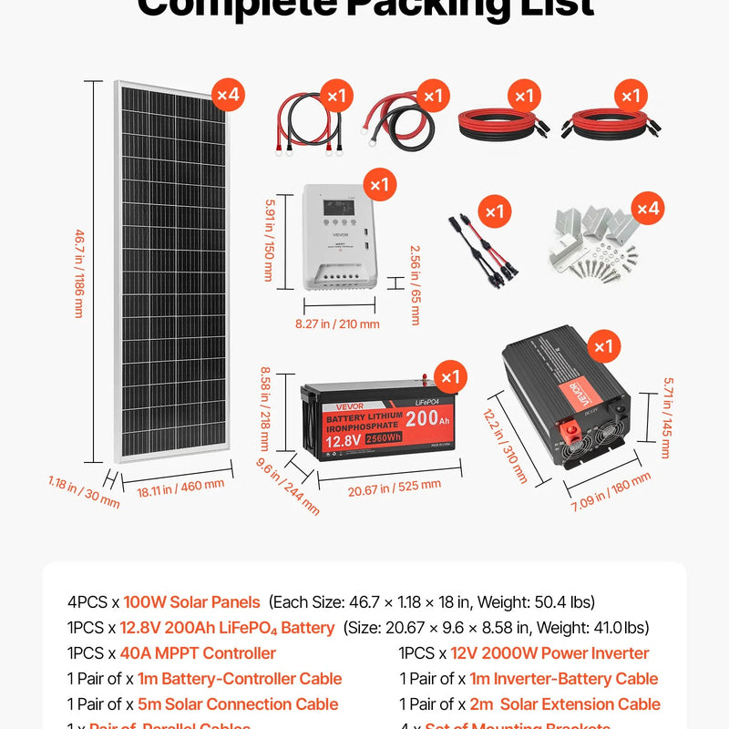 VEVOR 400 W pilns saules enerģijas komplekts ar 4 × 100 W monokristāliskajiem paneļiem, 12,8 V 200 Ah LiFePO₄ akumulatoru, 40 A MPPT uzlādes kontrolieri un 2000 W invertoru mājai, kemperiem, laivām un autonomām sistēmām