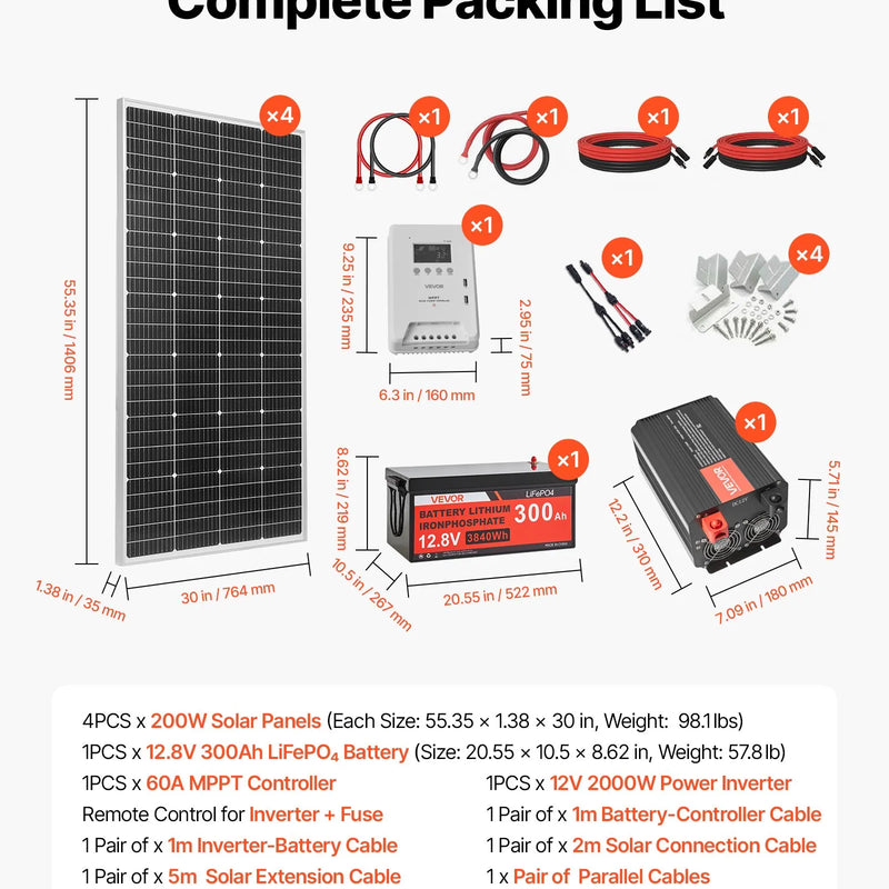 VEVOR 800 W 12 V pilns saules enerģijas komplekts, 4 × 200 W monokristāliskie saules paneļi + 12,8 V 300 Ah LiFePO₄ akumulators + 60 A MPPT uzlādes kontrolieris + 2000 W jaudas invertors mājai, nelielai saimniecībai, vasarnīcai un autonomām sistēmām