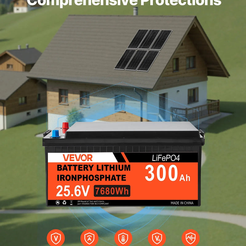VEVOR 1200 W 24 V pilns saules enerģijas komplekts, 6 × 200 W monokristāliskie saules paneļi, 25,6 V 300 Ah LiFePO₄ akumulators, 24 V 3600 W hibrīdinvertors autonomām sistēmām lielai mājai, šķūnim vai saimniecībai