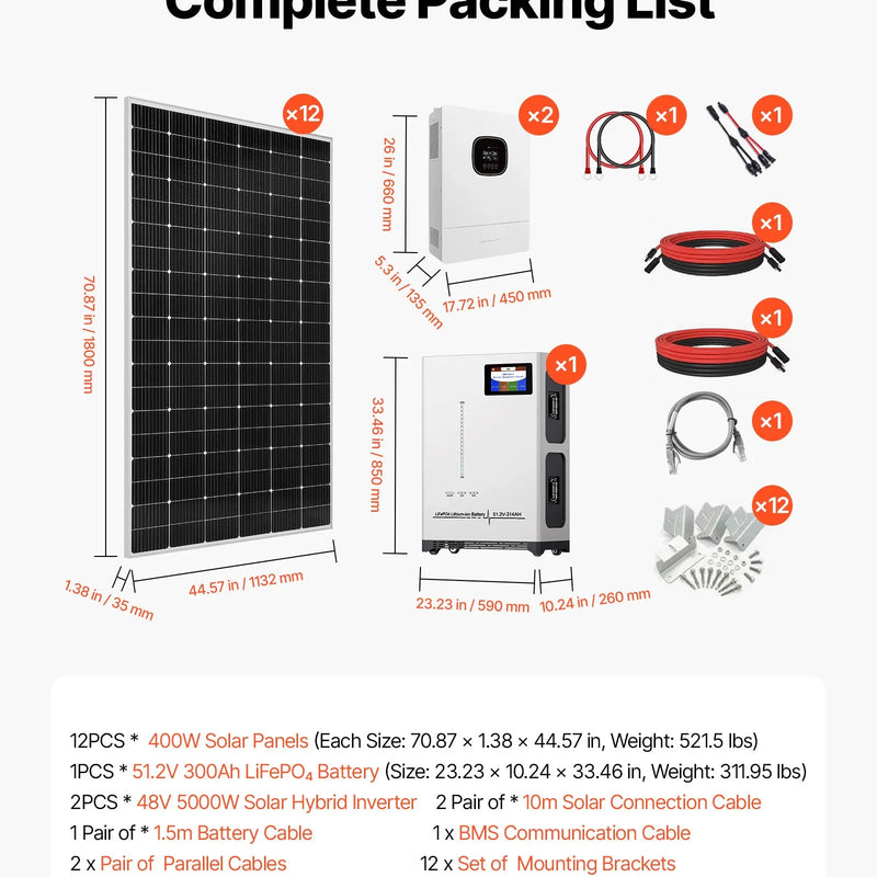 VEVOR 4800 W 48 V pilns saules enerģijas komplekts, 12 × 400 W monokristāliskie saules paneļi, 51,2 V 300 Ah LiFePO₄ akumulators, 2 × 5000 W hibrīdinvertori autonomām sistēmām lielai mājai, šķūnim vai saimniecībai