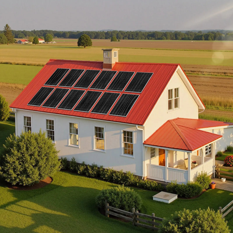 VEVOR 4800 W 48 V pilns saules enerģijas komplekts, 12 × 400 W monokristāliskie saules paneļi, 51,2 V 300 Ah LiFePO₄ akumulators, 2 × 5000 W hibrīdinvertori autonomām sistēmām lielai mājai, šķūnim vai saimniecībai