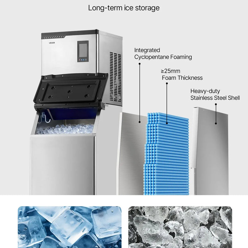 VEVOR profesionāls ledus ģenerators, 136 kg/24 h ledus ražošana, nerūsējošā tērauda uzglabāšanas tvertne 136 kg, automātiska pašattīrīšanās, skārienekrāns, piemērots bāriem, kafejnīcām un restorāniem