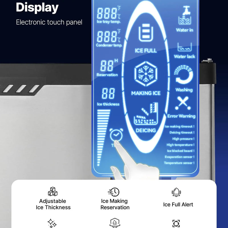 VEVOR profesionāls ledus ģenerators, 136 kg/24 h ledus ražošana, nerūsējošā tērauda uzglabāšanas tvertne 136 kg, automātiska pašattīrīšanās, skārienekrāns, piemērots bāriem, kafejnīcām un restorāniem