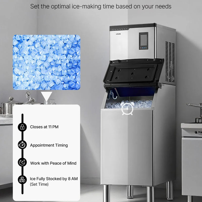 VEVOR profesionāls ledus ģenerators, 136 kg/24 h ledus ražošana, nerūsējošā tērauda uzglabāšanas tvertne 136 kg, automātiska pašattīrīšanās, skārienekrāns, piemērots bāriem, kafejnīcām un restorāniem