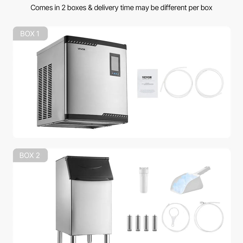 VEVOR profesionāls ledus ģenerators, 136 kg/24 h ledus ražošana, nerūsējošā tērauda uzglabāšanas tvertne 136 kg, automātiska pašattīrīšanās, skārienekrāns, piemērots bāriem, kafejnīcām un restorāniem