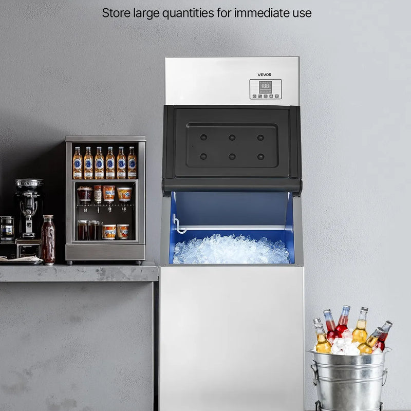 VEVOR profesionāls ledus ģenerators, ledus ražošana 181 kg/24 h, nerūsējošā tērauda uzglabāšanas tvertne 136 kg, automātiska pašattīrīšanās, skārienekrāns, paredzēts bāriem, kafejnīcām un restorāniem
