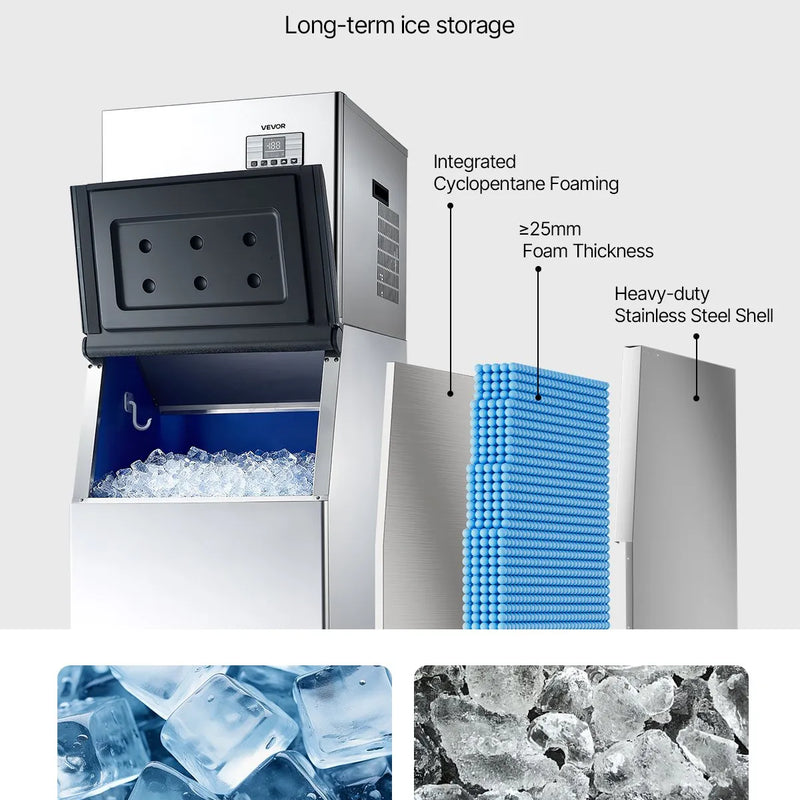 VEVOR profesionāls ledus ģenerators, ledus ražošana 181 kg/24 h, nerūsējošā tērauda uzglabāšanas tvertne 136 kg, automātiska pašattīrīšanās, skārienekrāns, paredzēts bāriem, kafejnīcām un restorāniem