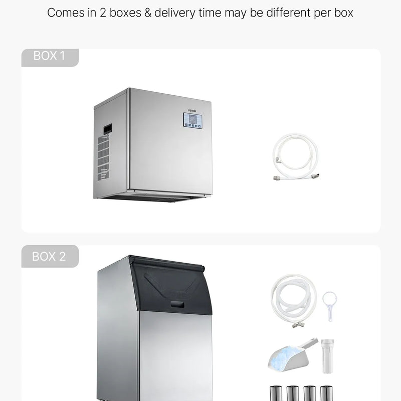 VEVOR profesionāls ledus ģenerators, ledus ražošana 181 kg/24 h, nerūsējošā tērauda uzglabāšanas tvertne 136 kg, automātiska pašattīrīšanās, skārienekrāns, paredzēts bāriem, kafejnīcām un restorāniem
