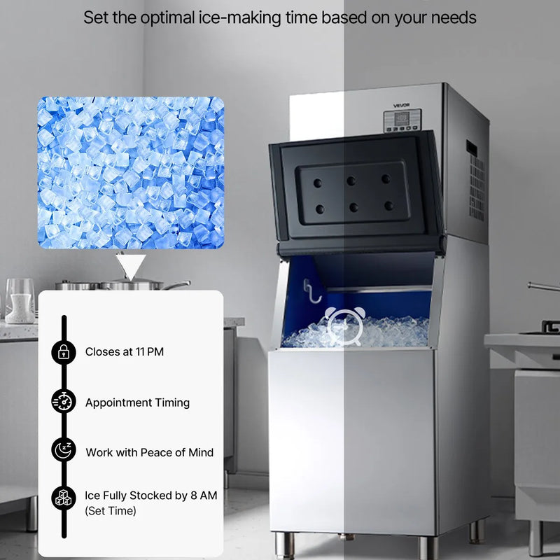 VEVOR profesionāls ledus ģenerators, ledus ražošana 181 kg/24 h, nerūsējošā tērauda uzglabāšanas tvertne 136 kg, automātiska pašattīrīšanās, skārienekrāns, paredzēts bāriem, kafejnīcām un restorāniem