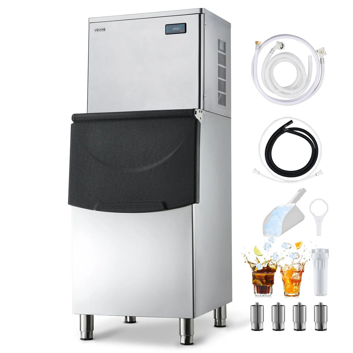 VEVOR Professional Ice Maker 204 kg/24 h with 113 kg Stainless Steel Storage Tank, Self-Cleaning, Touch Screen