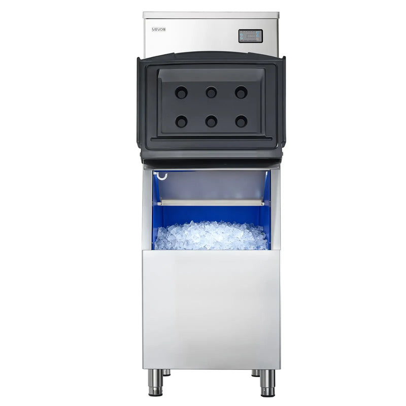 VEVOR profesionāla ledus ražošanas iekārta, 204 kg/24 h, ar 113 kg nerūsējošā tērauda uzglabāšanas tvertni, automātiska pašattīrīšanās, skārienjutīga vadība, bāriem, kafejnīcām un restorāniem