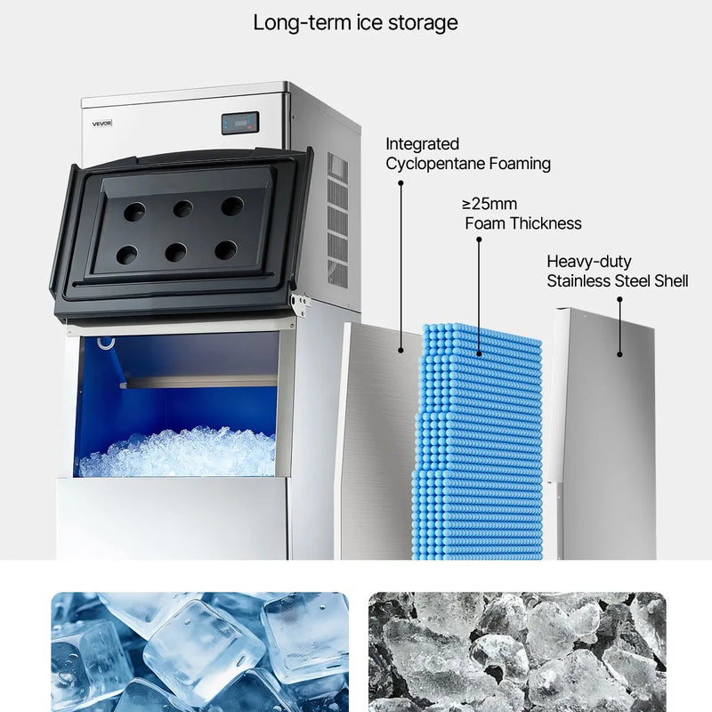 VEVOR profesionāla ledus ražošanas iekārta, 204 kg/24 h, ar 113 kg nerūsējošā tērauda uzglabāšanas tvertni, automātiska pašattīrīšanās, skārienjutīga vadība, bāriem, kafejnīcām un restorāniem