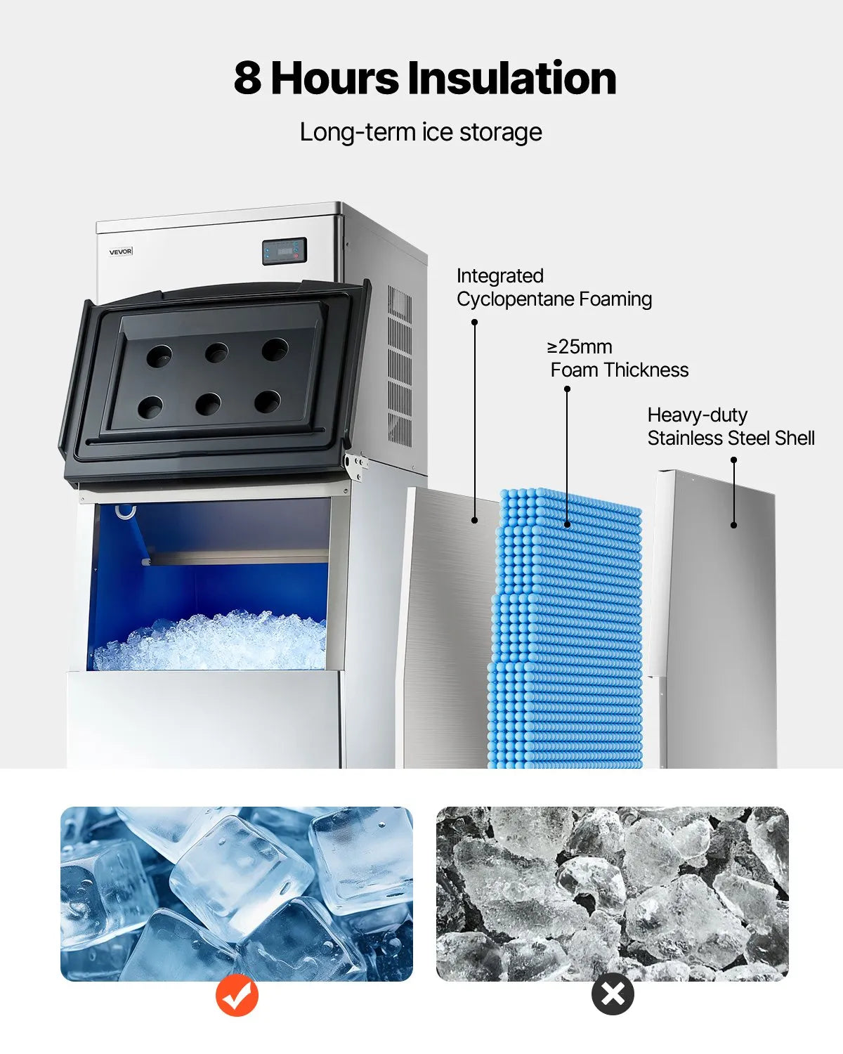 VEVOR Professional Ice Maker 204 kg/24 h with 113 kg Stainless Steel Storage Tank, Self-Cleaning, Touch Screen