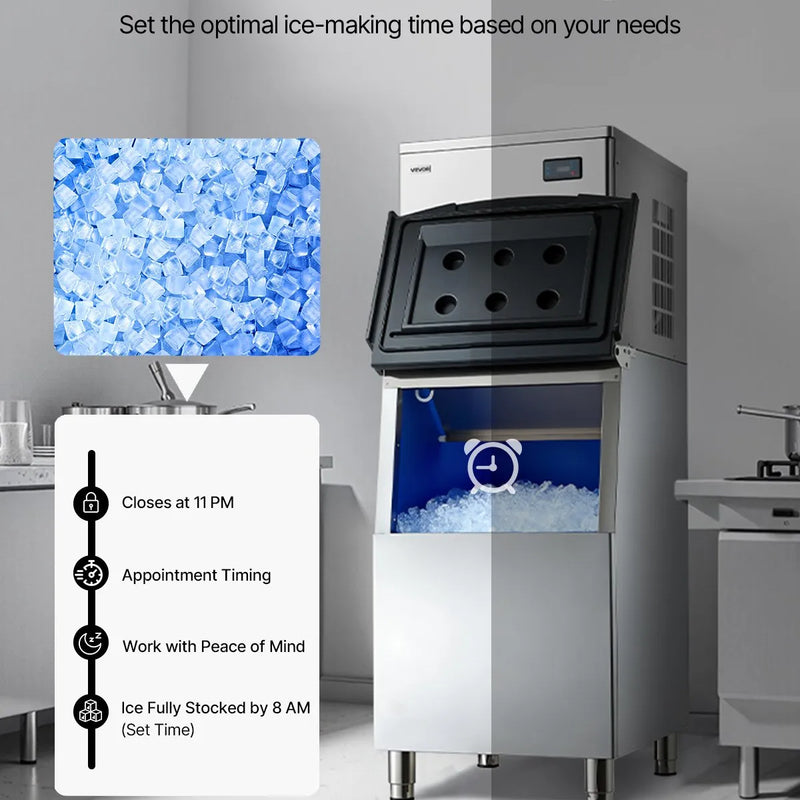 VEVOR profesionāla ledus ražošanas iekārta, 204 kg/24 h, ar 113 kg nerūsējošā tērauda uzglabāšanas tvertni, automātiska pašattīrīšanās, skārienjutīga vadība, bāriem, kafejnīcām un restorāniem