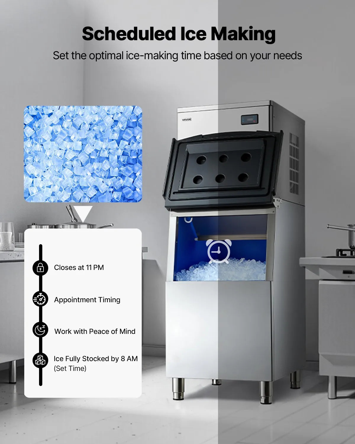 VEVOR Professional Ice Maker 204 kg/24 h with 113 kg Stainless Steel Storage Tank, Self-Cleaning, Touch Screen