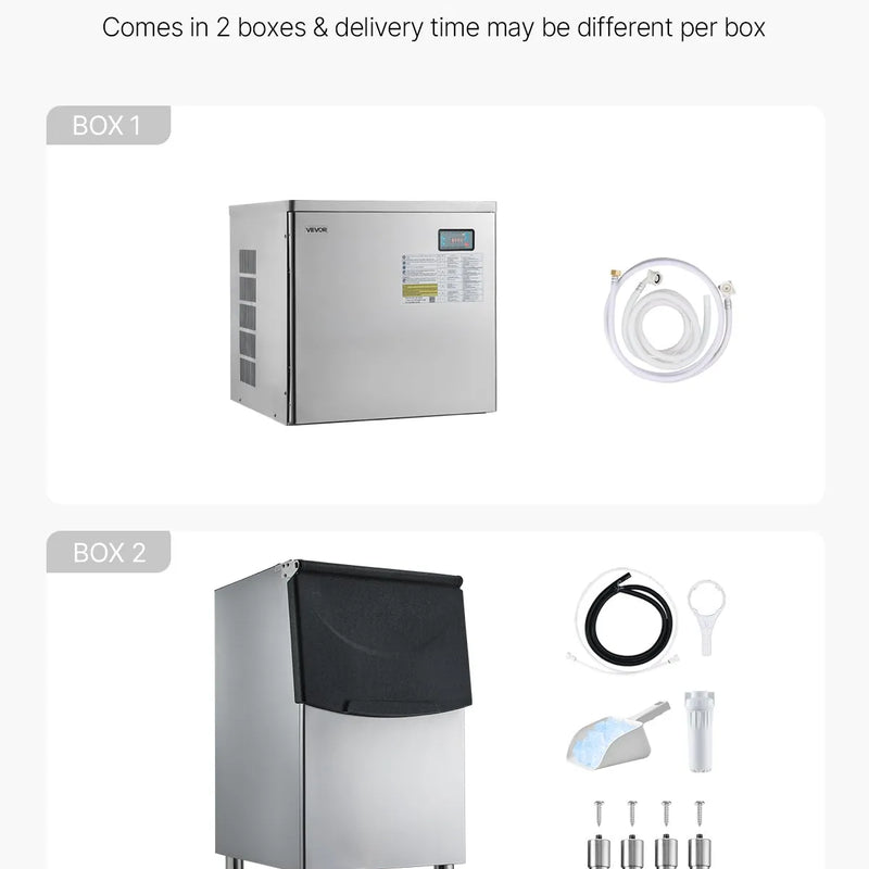 VEVOR profesionāla ledus ražošanas iekārta, 204 kg/24 h, ar 113 kg nerūsējošā tērauda uzglabāšanas tvertni, automātiska pašattīrīšanās, skārienjutīga vadība, bāriem, kafejnīcām un restorāniem