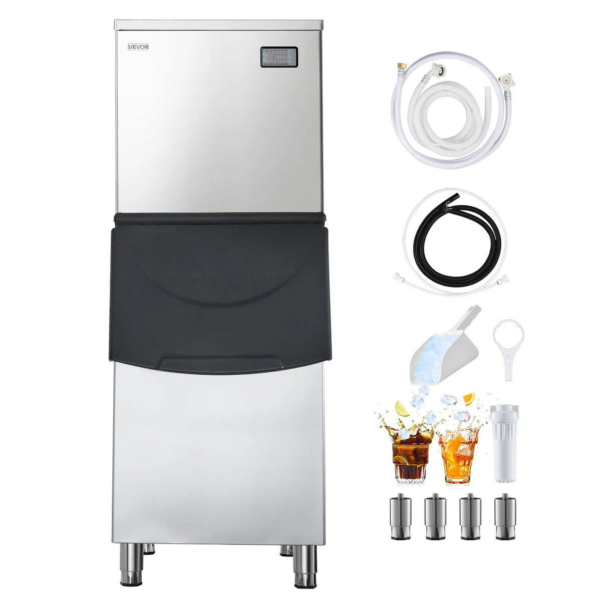 VEVOR Professional Ice Maker 204 kg/24 h with 113 kg Stainless Steel Storage Tank, Self-Cleaning, Touch Screen