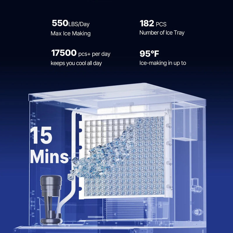 VEVOR profesionāla ledus ražošanas iekārta, 250 kg/24 h, ar 136 kg nerūsējošā tērauda uzglabāšanas tvertni, automātiska pašattīrīšanās, skārienjutīga vadība, bāriem, kafejnīcām un restorāniem
