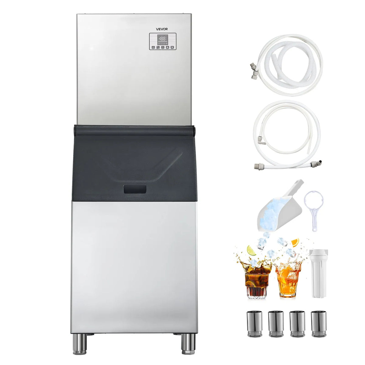 VEVOR Professional Ice Maker 250 kg/24 h with 136 kg Stainless Steel Storage Tank, Self-Cleaning, Touch Screen