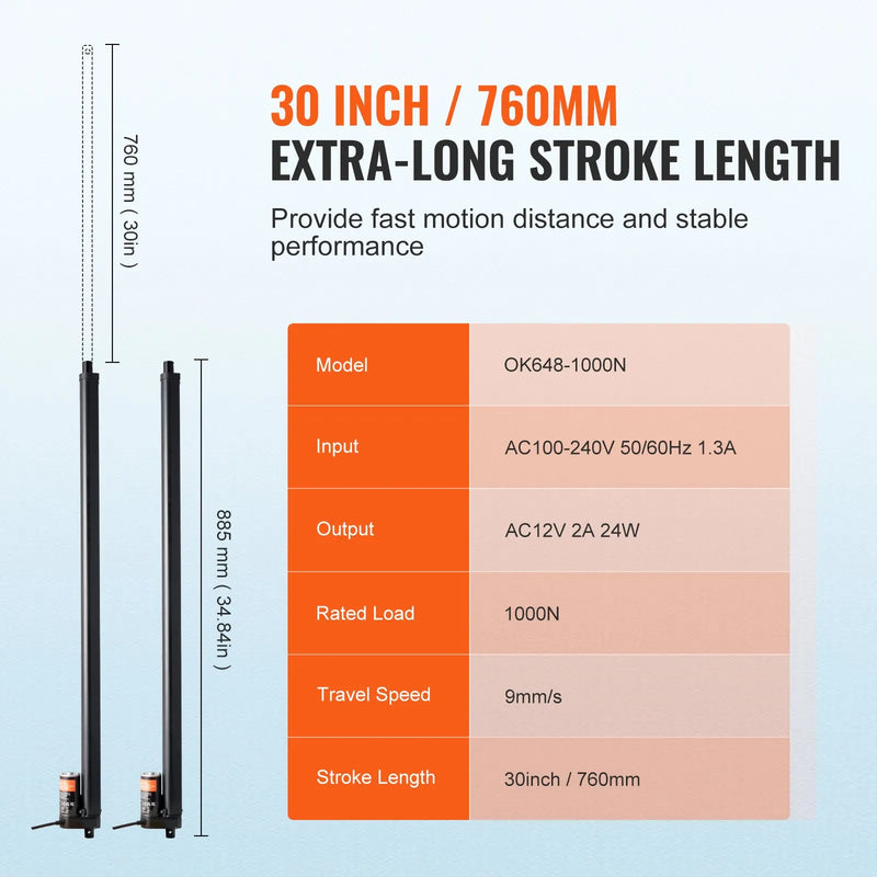 VEVOR lineārā aktuatora komplekts 2 gab., 12 V, gājiens 760 mm, ātrums 9 mm/s, slodze līdz 99,79 kg/1000 N, IP54 aizsardzība