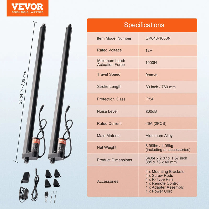 VEVOR lineārā aktuatora komplekts 2 gab., 12 V, gājiens 760 mm, ātrums 9 mm/s, slodze līdz 99,79 kg/1000 N, IP54 aizsardzība