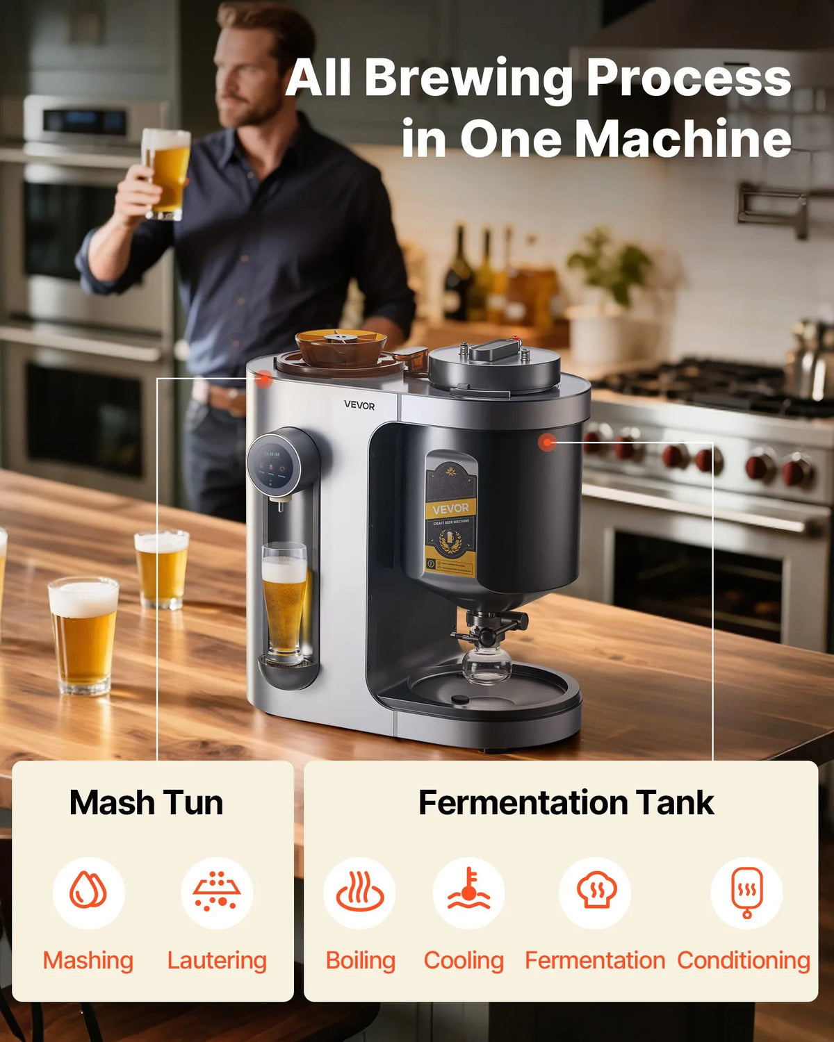 VEVOR automātiskā mājas alus darīšanas iekārta 1500 W, 13 L, ar misas vārīšanas funkciju, 304 nerūsējošā tērauda tvertne, automātiska temperatūras un spiediena kontrole - ZEMLETES.LV
