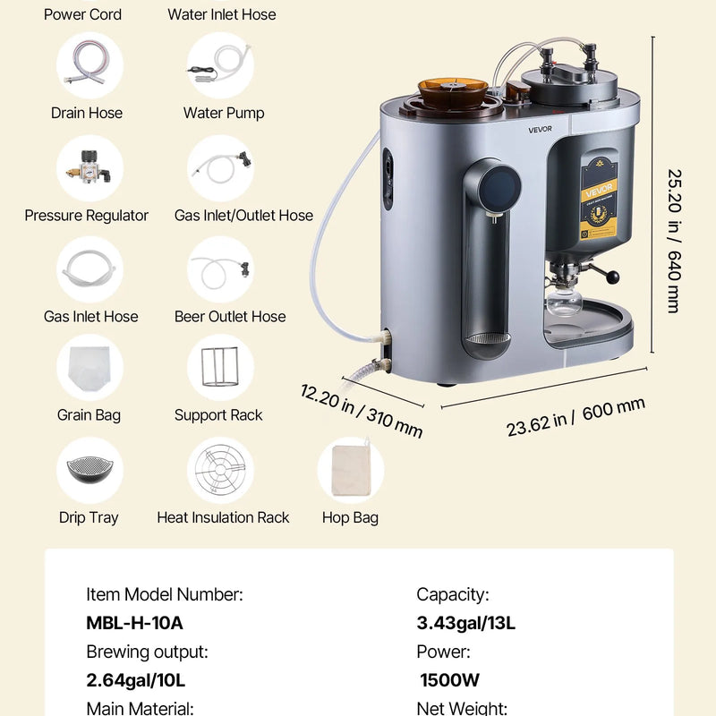 VEVOR automātiskā mājas alus darīšanas iekārta 1500 W, 13 L, ar misas vārīšanas funkciju, 304 nerūsējošā tērauda tvertne, automātiska temperatūras un spiediena kontrole - ZEMLETES.LV
