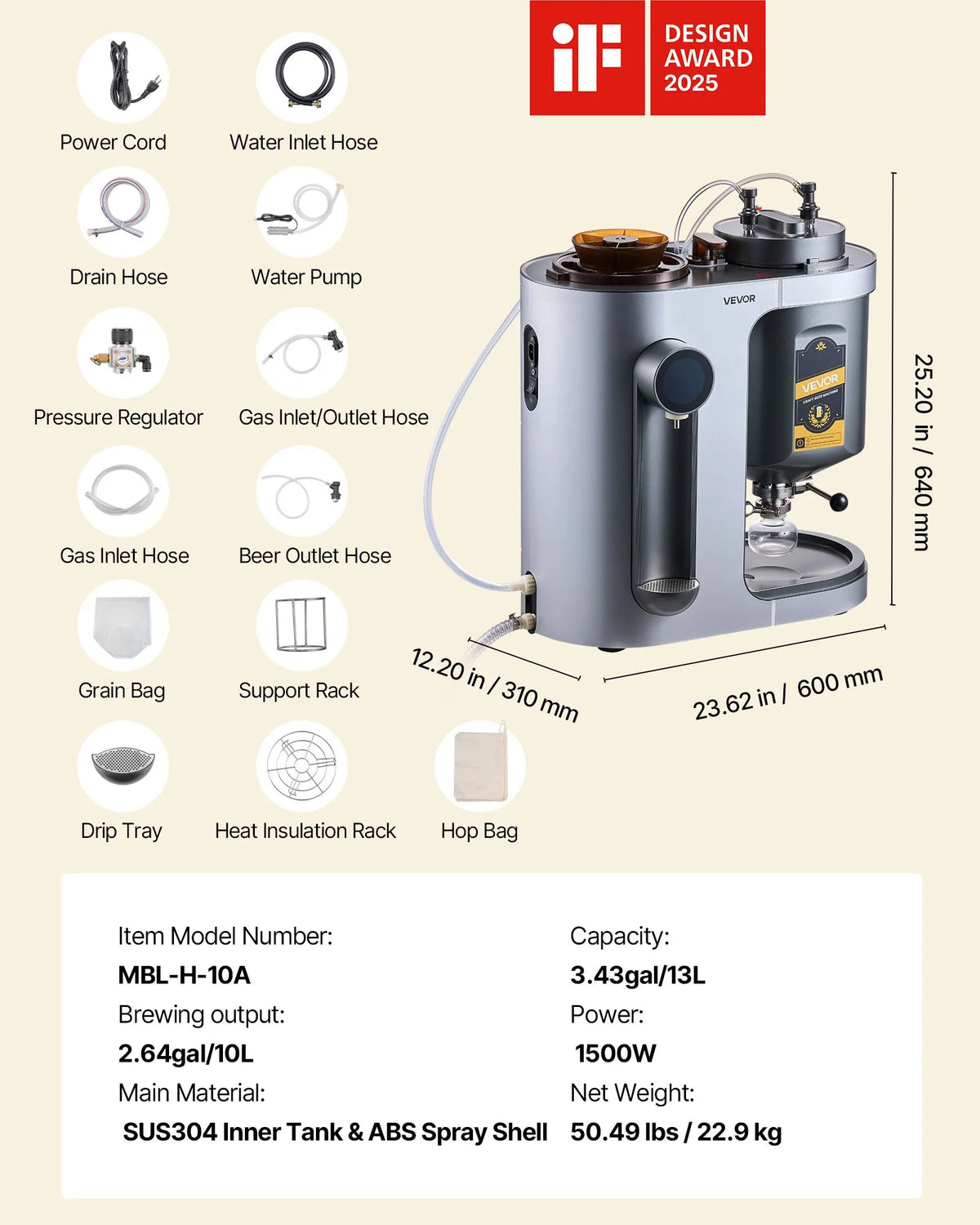 VEVOR automātiskā mājas alus darīšanas iekārta 1500 W, 13 L, ar misas vārīšanas funkciju, 304 nerūsējošā tērauda tvertne, automātiska temperatūras un spiediena kontrole - ZEMLETES.LV