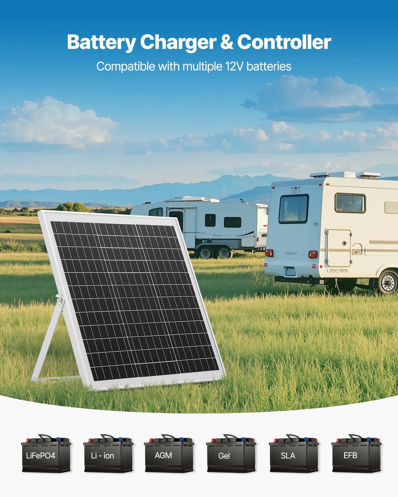 VEVOR 20 W 12 V saules paneļa akumulatora lādētājs ar MPPT kontrolieri un regulējamu stiprinājuma kronšteinu, IP67 ūdensizturīgu konstrukciju, piemērots automašīnām, laivām, kemperiem, motocikliem un piekabēm