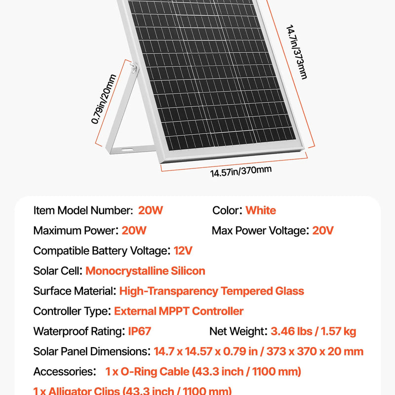 VEVOR 20 W 12 V saules paneļa akumulatora lādētājs ar MPPT kontrolieri un regulējamu stiprinājuma kronšteinu, IP67 ūdensizturīgu konstrukciju, piemērots automašīnām, laivām, kemperiem, motocikliem un piekabēm