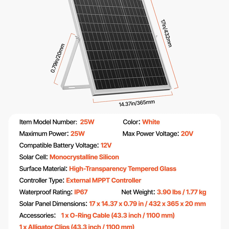 VEVOR 25 W 12 V saules paneļa akumulatora lādētājs ar viedo MPPT kontrolieri un regulējamu stiprinājuma kronšteinu, IP67 ūdensizturīgu konstrukciju, piemērots automašīnām, laivām, kemperiem, motocikliem un piekabēm