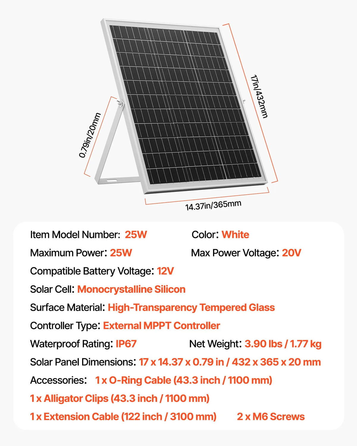 VEVOR 25 W 12 V saules paneļa akumulatora lādētājs ar viedo MPPT kontrolieri un regulējamu stiprinājuma kronšteinu, IP67 ūdensizturīgu konstrukciju, piemērots automašīnām, laivām, kemperiem, motocikliem un piekabēm