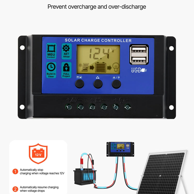 VEVOR 30 W 12 V saules paneļa akumulatora lādētājs, uzturošās uzlādes saules lādētājs ar viedo MPPT kontrolieri un regulējamu montāžas kronšteinu, IP67 ūdensizturīgs, paredzēts automašīnām, laivām, kemperiem, motocikliem un piekabēm