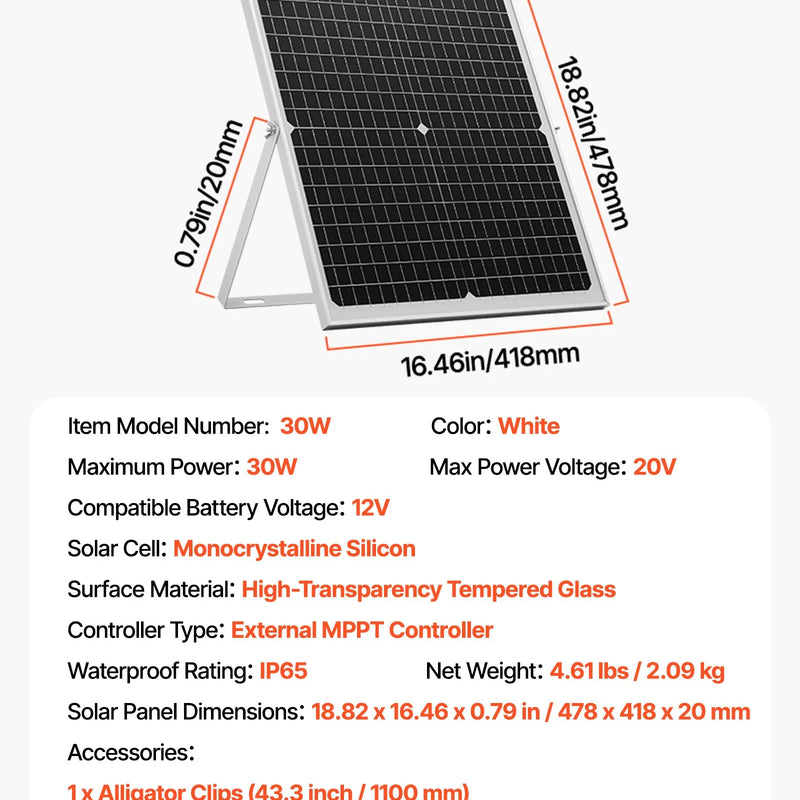 VEVOR 30 W 12 V saules paneļa akumulatora lādētājs, uzturošās uzlādes saules lādētājs ar viedo MPPT kontrolieri un regulējamu montāžas kronšteinu, IP67 ūdensizturīgs, paredzēts automašīnām, laivām, kemperiem, motocikliem un piekabēm